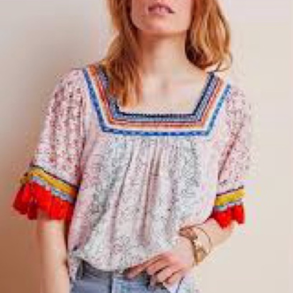 Maeve by Anthropologie Paolina Tassel Blouse Medium Boho Peasant Top